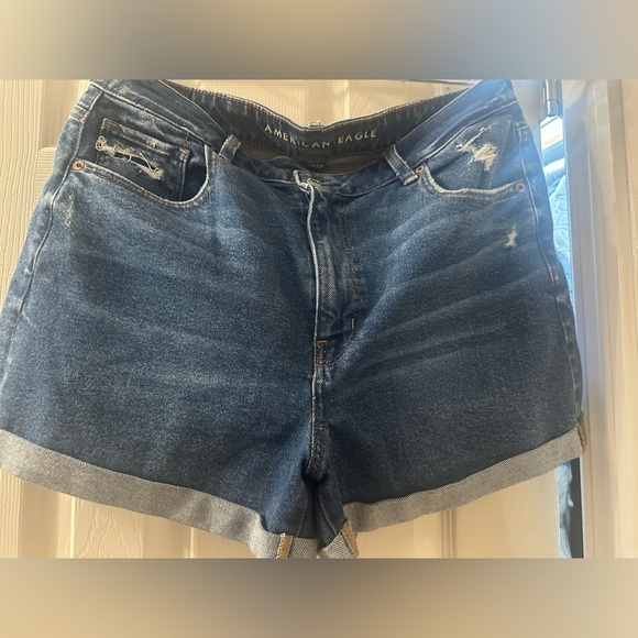 American Eagle Outfitters Dark Blue Jean Shorts with crossover waist (mom short) - Picture 1 of 4